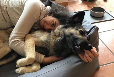 Hund Mia und Nora liegen in einem Hundekörbchen. Nora hat ihren Arm von hinten um den Hund gelegt.