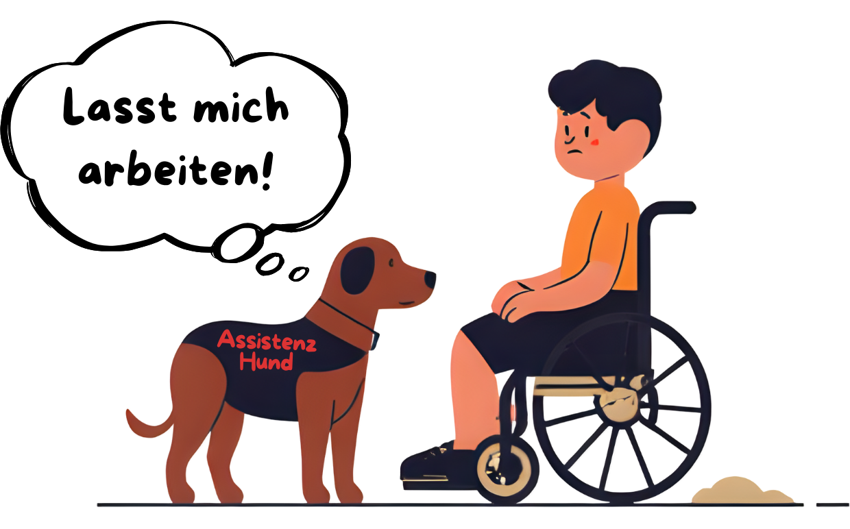 KI-erzeugte und bearbeitete Grafik von einem Assistenzhund, der vor einem Jungen im Rollstuhl steht. In einer Denkblase am Hundekopf steht: "Lasst mich arbeiten!"
